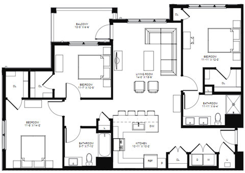 3 Bedroom Floor Plan with 1,380 Sq. Ft. at Glen Oaks Apartments in Wall, NJ